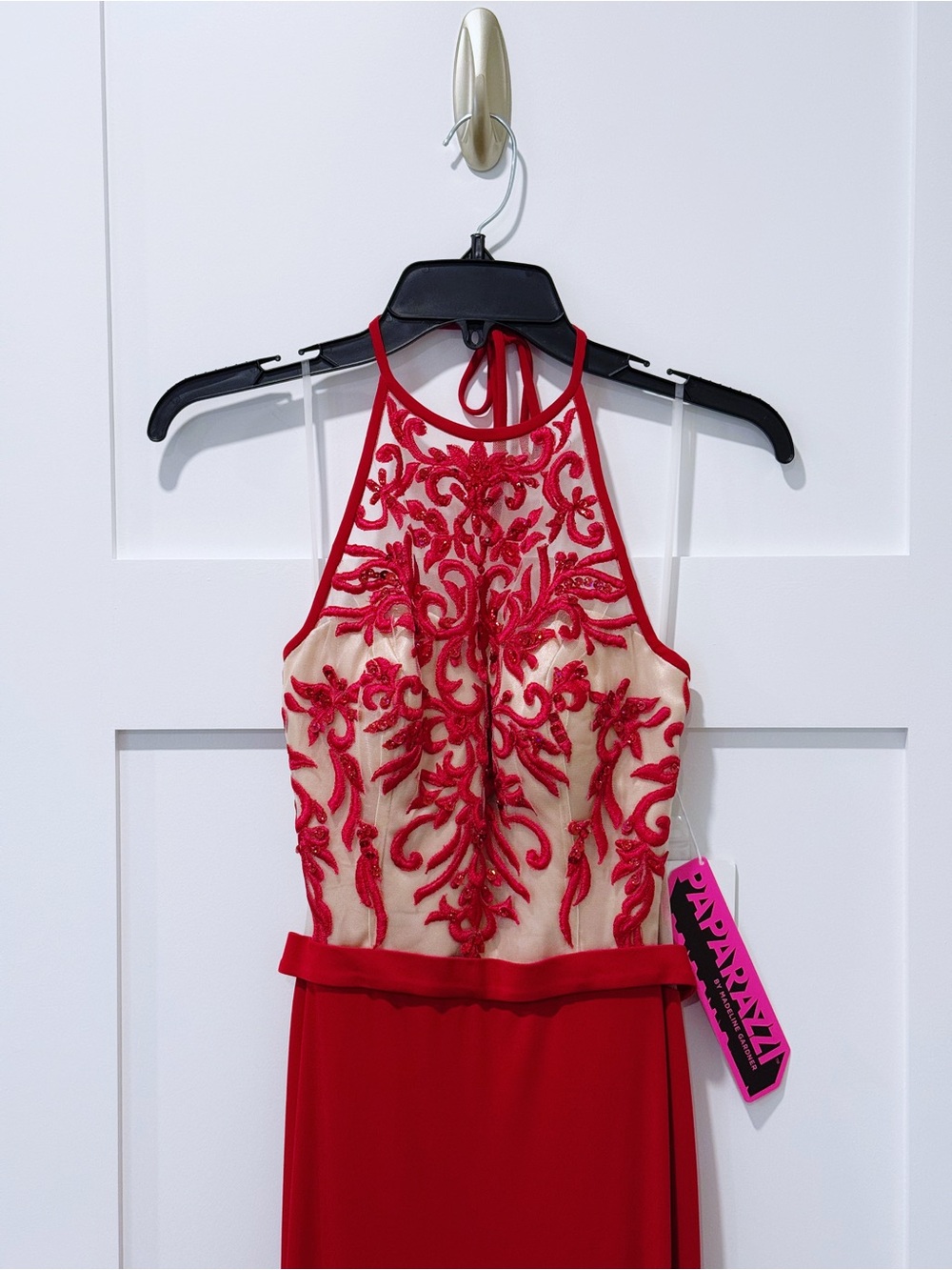 Morilee Paparazzi Lace Halter Prom Maxi Dress in Red - Picture 3 of 13